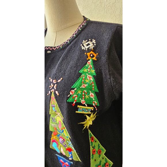 Vintage Christmas‎ Trees Cardigan Sweater 3D Jeweled Embroidered Applique Small - Picture 6 of 12
